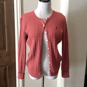Ralph Lauren Preppy Cable Knit Crew Neck Cardigan Salmon Medium Academia